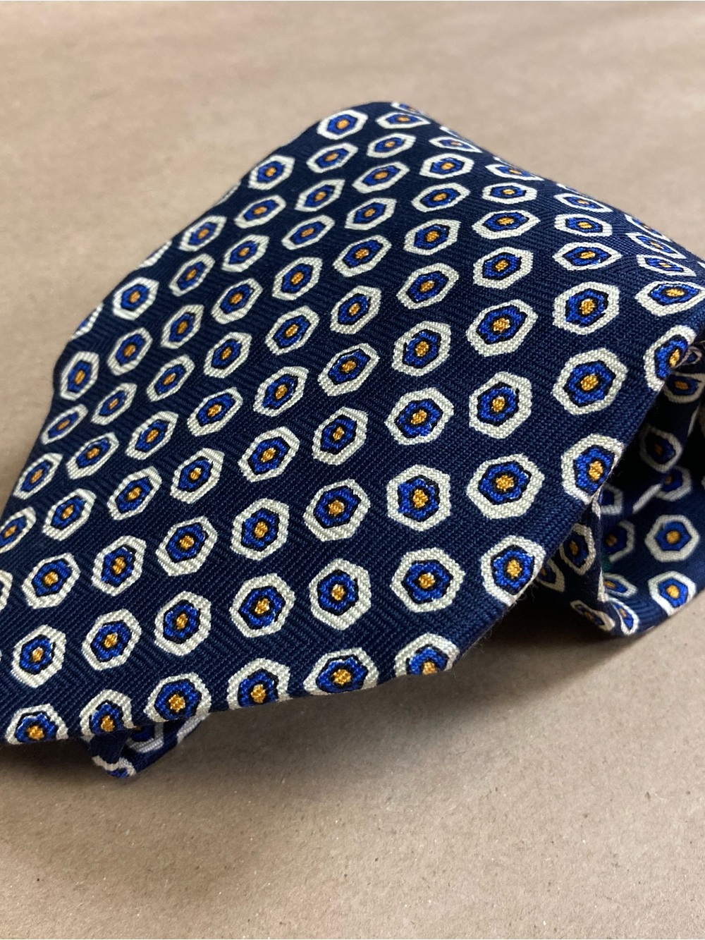 Lauren Ralph Lauren Silk Medallion Tie Navy Blue Gold Hand Finished